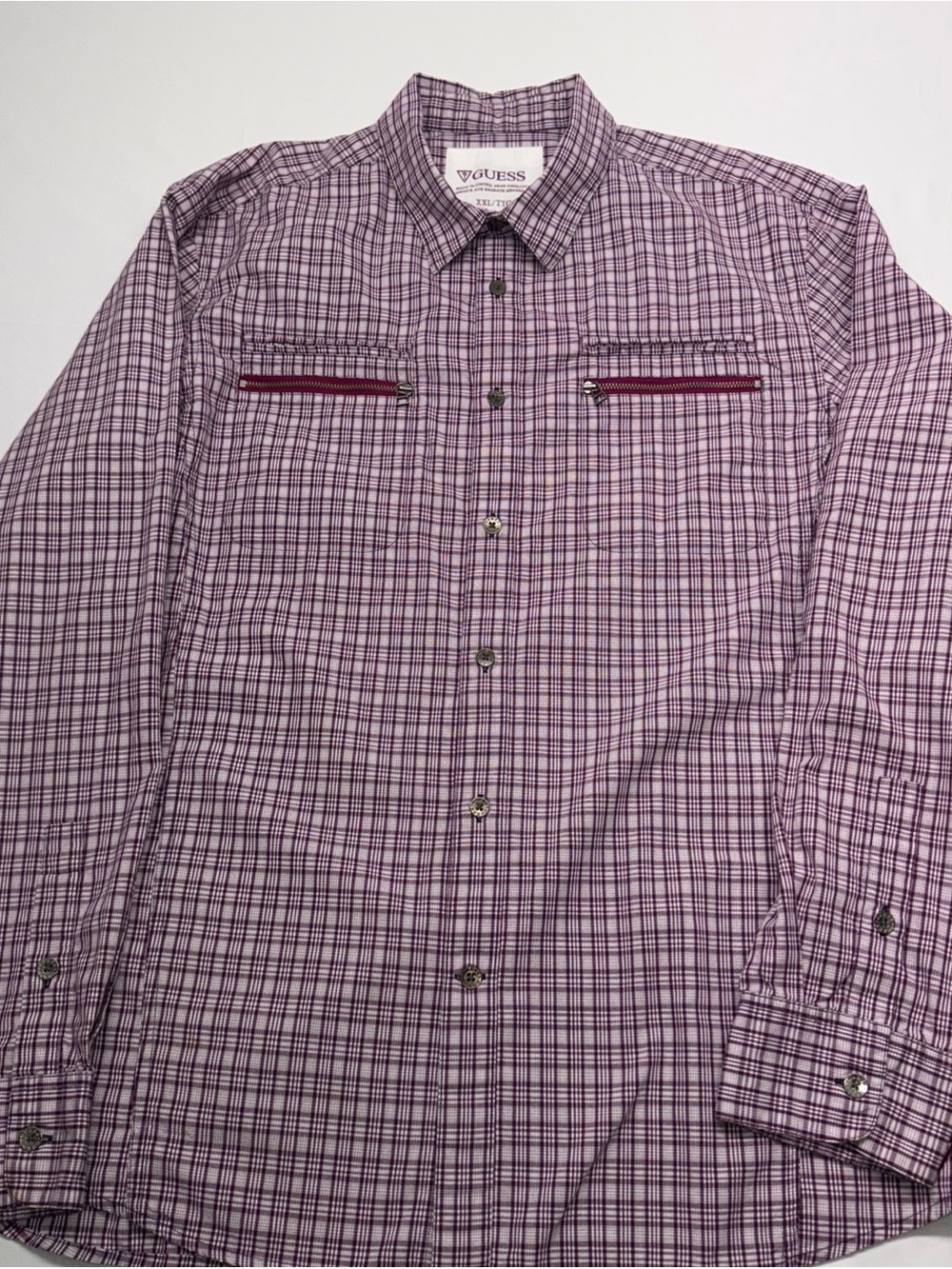 Guess Purple Plaid Zip Pocket Button Up Shirt Men’s XXL Cotton